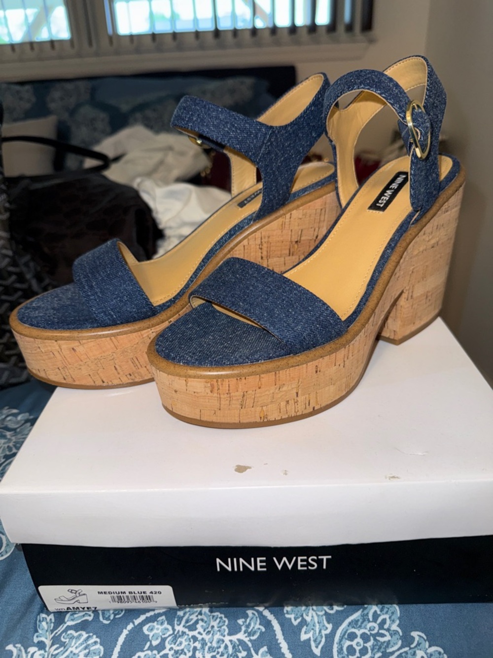Nine West Denim-Style Cork Platform Sandals - Dark Blue, worn one time